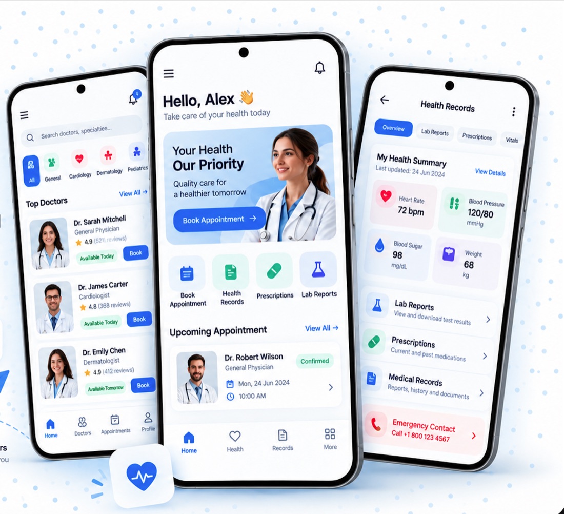 Hospital & Healthcare App concept showing example screens for iOS & Android