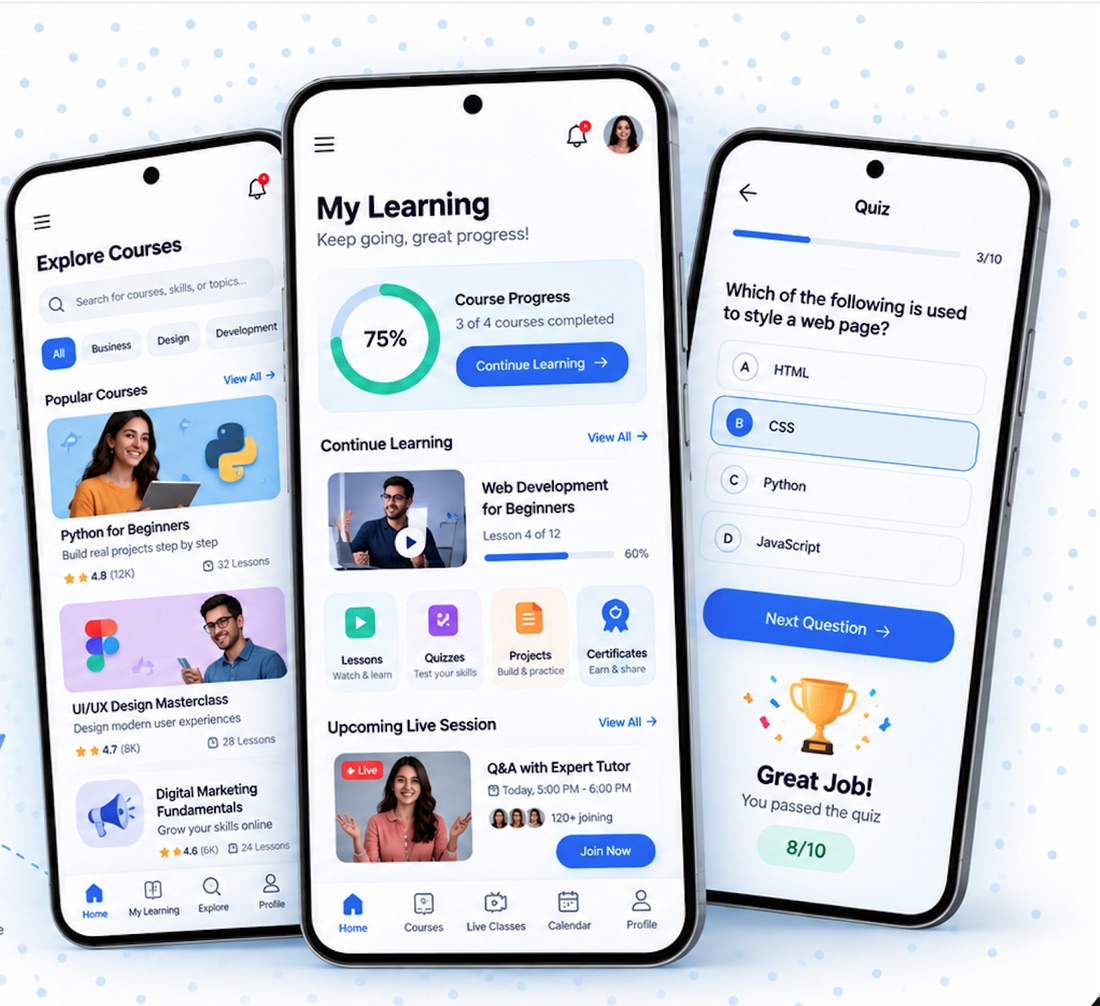 Education & Learning App concept showing example screens for iOS & Android